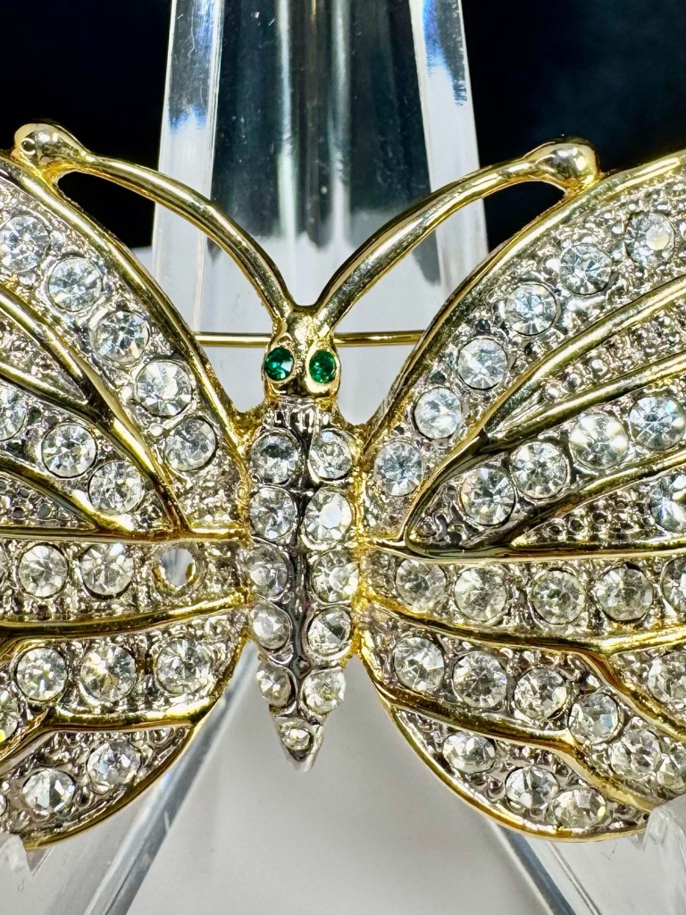 Gold-Tone Crystal Butterfly Brooch with Green Eyes